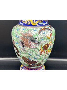 Chinese Cloisonné Dragon Vase With Vibrant Blue & Green Enamel 15" Tall 9" Wide